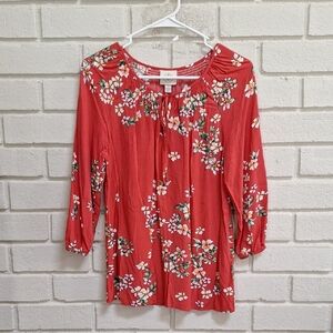 St. Johns Bay Floral Tie 3/4 Sleeve  Blouse. Size Small